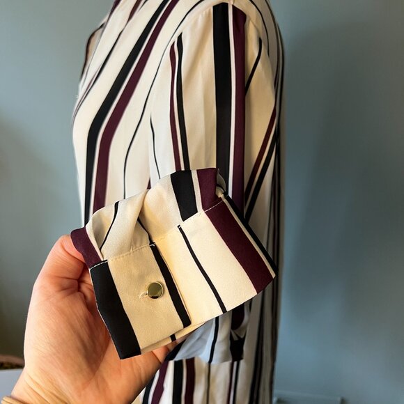 Ivanka Trump Sz L Striped Cream Burgundy hook closure Black Blouse Top POSH55 - Picture 12 of 15